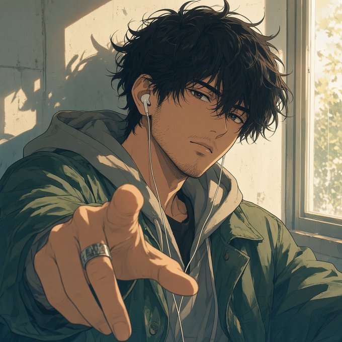 An anime-style illustration of a young man with messy black hair wearing earphones and a green jacket, reaching his hand toward the viewer while sitting near a sunlit window.