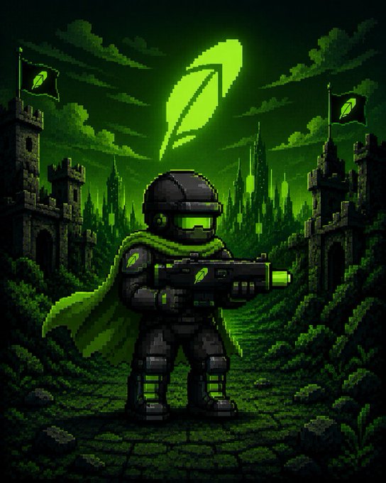 Pixel art depicting a futuristic soldier in dark armor and a green visor holding a glowing green weapon, standing before a green-lit castle and a large glowing leaf emblem against a dark, cloudy sky.