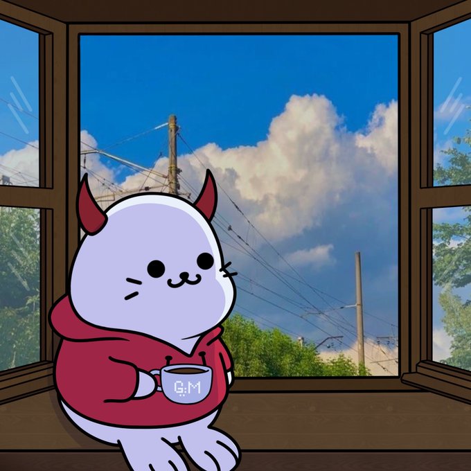 A cute, cartoon-style illustration of a small, round devil character with red horns wearing a red hoodie, sitting by an open window holding a mug that says 'G:M'.