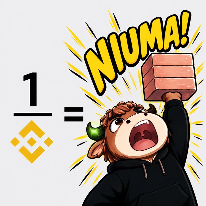 A cartoon illustration showing a bull mascot in a black hoodie lifting a heavy stack of bricks above its head with the word 'NIUMA!' in bold yellow text, with a '1 = [Binance logo]' equation to the left.