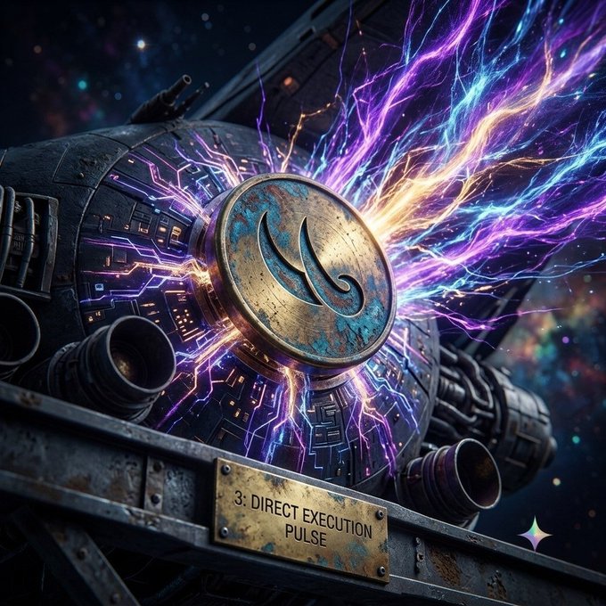 A sci-fi artwork featuring a metallic, weathered sphere with a '3: DIRECT EXECUTION PULSE' nameplate, emitting bright purple and orange electrical arcs against a cosmic background.