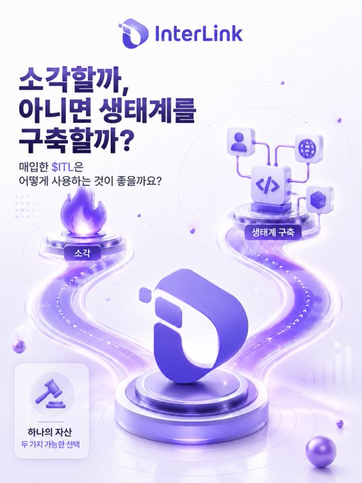 A promotional graphic for 'InterLink' featuring a purple 'D' logo and Korean text '소각할까, 아니면 생태계를 구축할까?' (Burn it or build an ecosystem?) with options for burning and ecosystem building.
