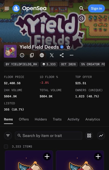 The image shows an OpenSea collection page for "Yield Field Deeds" with a floor price of $2,400.58, 3,333 items, and a 24-hour volume of $604.9K. The accompanying post reflects on profiting ~10x from a recent Dutch auction sell out at 0.99 ETH (below the 1 ETH floor), while expressing interest in playing the game and referencing how previous projects like Skarly and Onchain Heroes rewarded genesis holders—suggesting the holder sees Yield Fields Deeds as a similar opportunity to benefit from early participation beyond just resale profits.