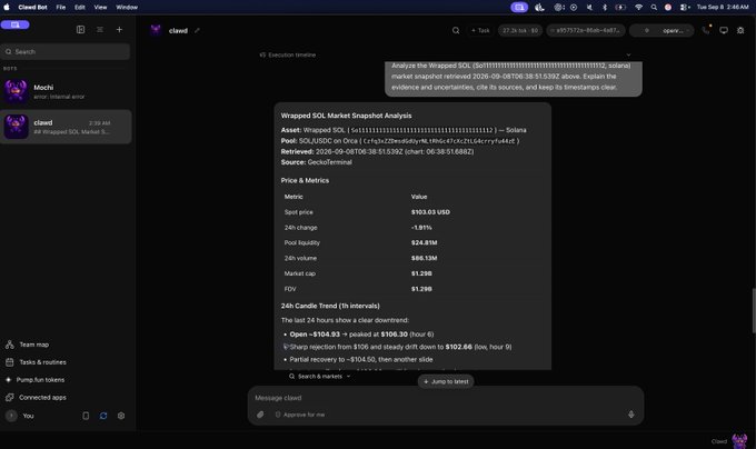 A Claude interface displays a Wrapped SOL market snapshot for Solana, including spot price, 24-hour change, liquidity, volume, market cap, FDV, and trend information.