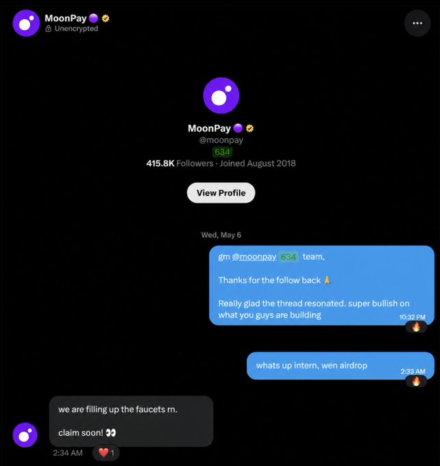 DM conversation with MoonPay (@moonpay), 415.8K Followers, showing messages exchanged on Wed, May 6, including 'gm @moonpay 634 team,' and 'we are filling up the faucets rn. claim soon!!'