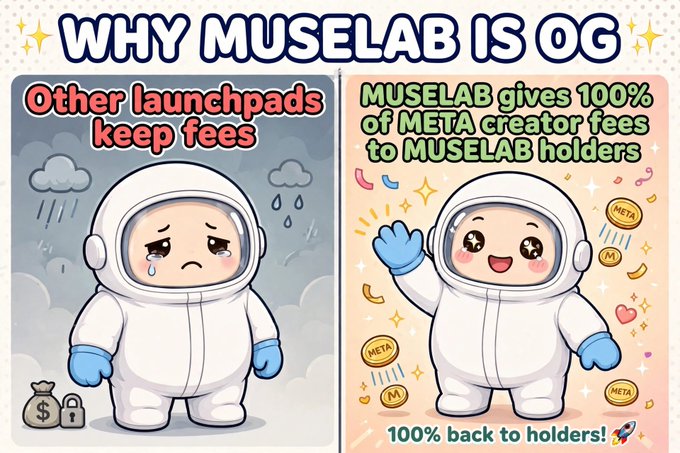 A promotional graphic titled 'WHY MUSELAB IS OG' comparing 'Other launchpads keep fees' (showing a sad astronaut) with 'MUSELAB gives 100% of META creator fees to MUSELAB holders' (showing a happy astronaut), with '100% back to holders!' at the bottom.