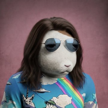 A humorous image of a white cat wearing sunglasses, long brown hair, and a blue unicorn-patterned shirt with a rainbow strap, set against a pink background.