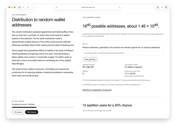 A webpage for "THE EXPERIMENT: Distribution to random wallet addresses" featuring an Ethereum address space simulator that demonstrates the 1.46 × 10^48 possible addresses, showing that with 100 trillion guesses per second, there's only a 1% chance of finding a wallet—requiring 10 septillion years for a 50% chance of receiving a Dead Ringer.
