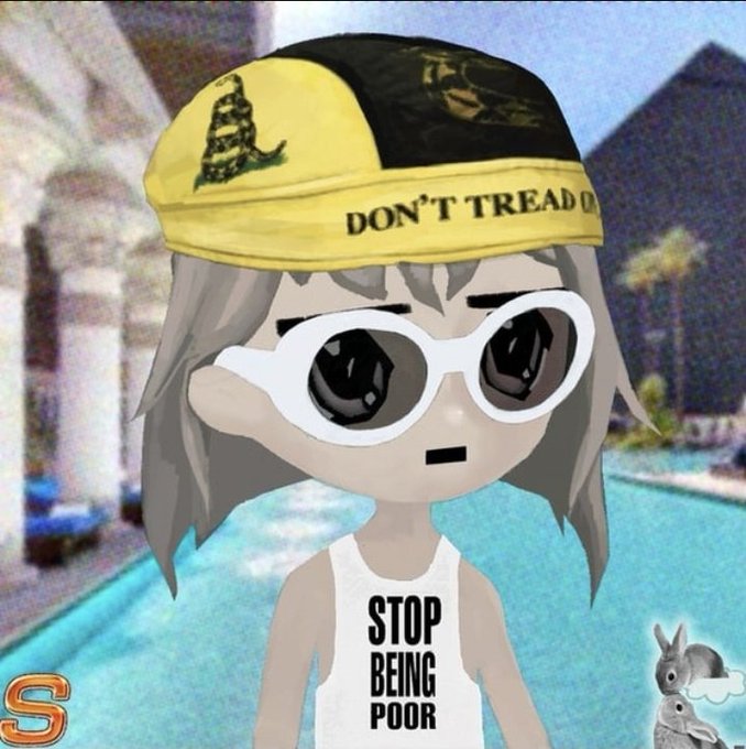 An animated avatar of a girl with white sunglasses wears a yellow 'DON'T TREAD' cap with a snake logo and a tank top reading 'STOP BEING POOR'.