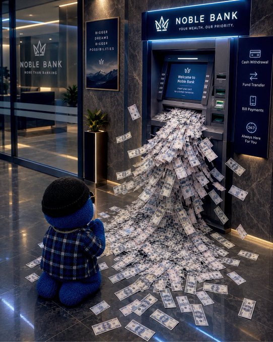 A plush blue toy in a plaid jacket kneels before an ATM labeled 'NOBLE BANK,' which is comically spewing out a massive stream of dollar bills.