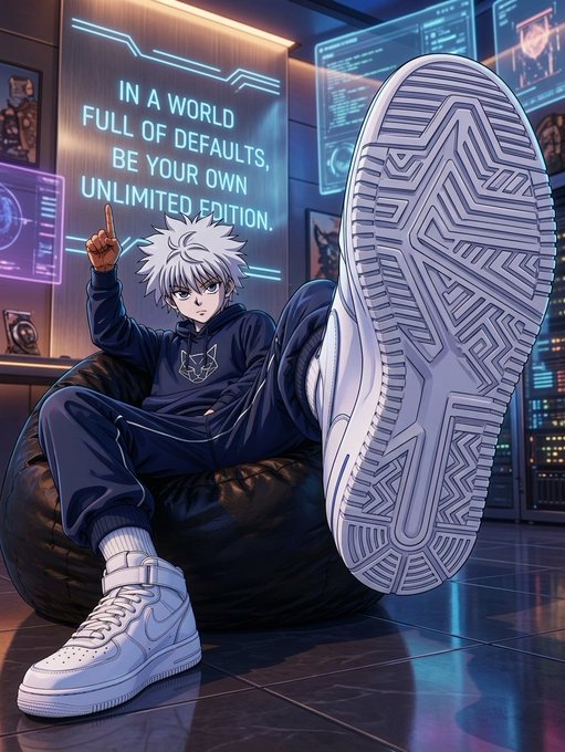 An anime-style illustration of a white-haired character in dark blue tracksuit pointing upward, with a large white sneaker in the foreground and a neon sign reading 'IN A WORLD FULL OF DEFAULTS, BE YOUR OWN UNLIMITED EDITION.'