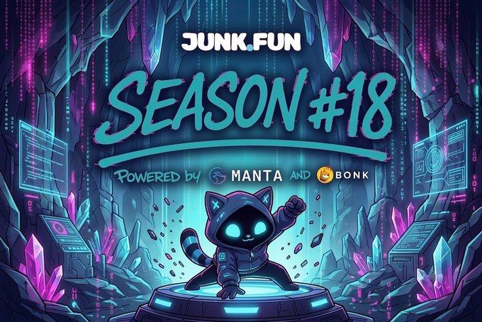 A vibrant promotional graphic announces "JUNK.FUN SEASON #18," powered by Manta and BONK, featuring a glowing cyan cat-like ninja character in a dynamic pose atop a futuristic pedestal amid a crystalline cyberpunk cave. The energetic artwork visually reinforces the launch of Season 18 on @junkfun_, with bold typography and neon accents drawing the eye to the key branding elements.