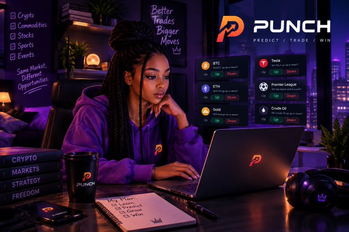 A promotional image for 'PUNCH - PREDICT / TRADE / WIN' featuring a woman working on a laptop, with trading categories like Crypto, Bitcoin, Tesla, Ethereum, Gold, and Crude Oil listed on screen.