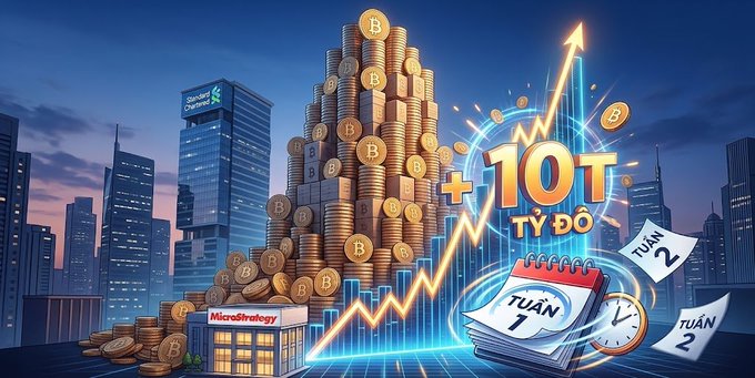 A digital illustration shows a MicroStrategy building with gold Bitcoin coins stacked high, alongside '+10T TỶ ĐÔ' text and a calendar marking weeks 1 and 2.