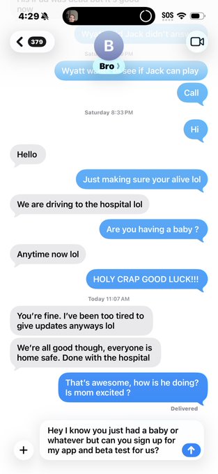A text message exchange shows someone learning their friend "Jack" had a baby, culminating in a message asking Jack to sign up for an app and beta test, humorously sent too soon after the birth announcement.