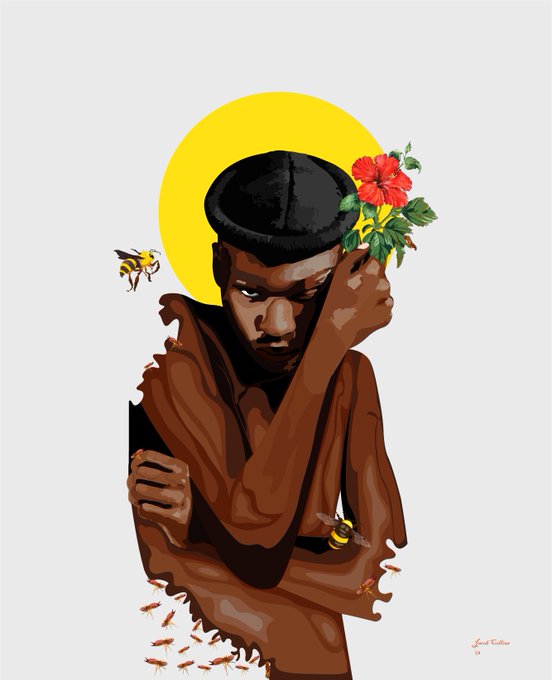 The illustration depicts a melancholic figure in a brown garment and black cap, holding a bouquet of red hibiscus flowers, with bees and ants swarming around them against a yellow halo backdrop—evoking the sense of being "consumed" by both beauty and burden, as reflected in the post's title and 0.280Ξ price. The artwork is signed "Laced Cutlow" in the bottom right corner.