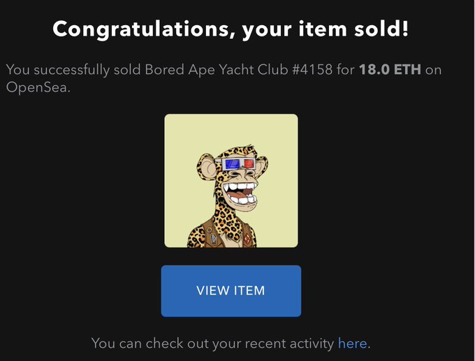 A notification screen reading 'Congratulations, your item sold! You successfully sold Bored Ape Yacht Club #4158 for 18.0 ETH on OpenSea,' displaying a cartoon cheetah wearing 3D glasses.