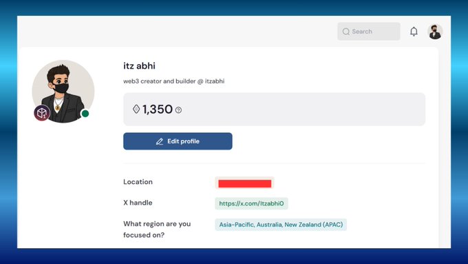 A screenshot of Itz Abhi's Arc profile page displays a point balance of 1,350, celebrating his achievement on the platform. The page also includes his X handle (https://x.com/itzabhi0) and region focus on Asia-Pacific (APAC), complementing his post about reaching this milestone and building two apps on Arc.
