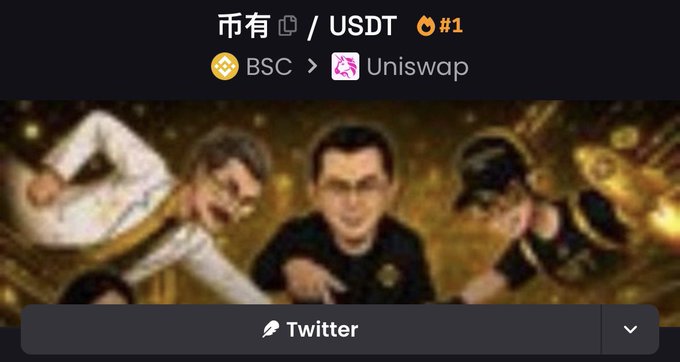 A screenshot showing cryptocurrency swap information for '币有 / USDT' on BSC and Uniswap, with a Twitter share button overlaying a background image of people celebrating among gold coins.