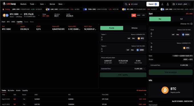 A screenshot of a cryptocurrency exchange interface (LBank Swap) showing the BTC/USDC trading pair at $79,176.35 with a liquidity pool interface on the right displaying balances and order forms.