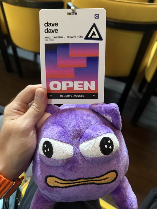 A hand holds a purple plush toy with large eyes and an orange mouth, attached to a 'dave dave' badge identifying the holder as an Angel Investor / Private Fund / Janitor with 'OPEN' and 'RESERVE ACCESS' text.