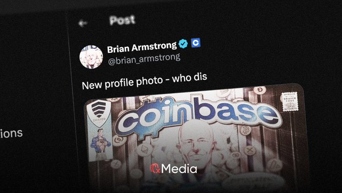 A screenshot of a Twitter/X post by Brian Armstrong (@brian_armstrong) showing a Coinbase branded card as his new profile photo with the caption 'New profile photo - who dis'.