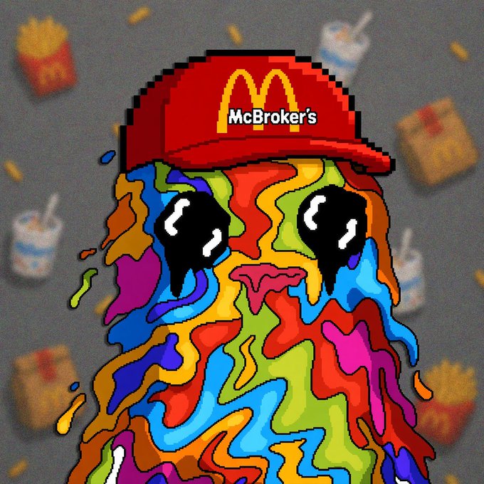 A pixel-art "Crying Rainbow" character wears a red cap featuring the McDonald's golden arches and the text "McBroker's," with fast food items like fries, drinks, and burgers floating in the background — playfully mashing up a meme with a stock-broker twist to match the casual "gm" (good morning) post.