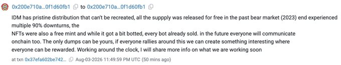 A cryptocurrency/NFT announcement from address '0x200e710a...0f1d60fb1' posted on August 3, 2026, discusses token distribution, a 90% downturn, and mentions upcoming developments.