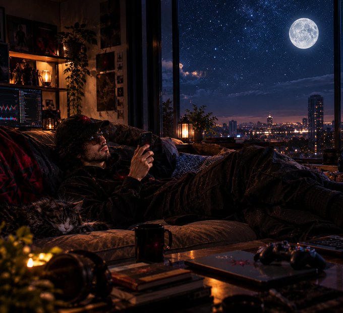 A dim, cozy room shows a man reclining with a cat beside him, looking at a phone or handheld device while city lights and a bright moon are visible through the window.