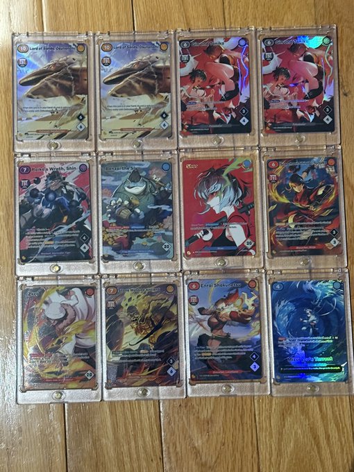A collection of twelve collectible trading cards featuring anime-style characters and creatures, arranged in a grid inside clear plastic sleeves on a wooden surface.