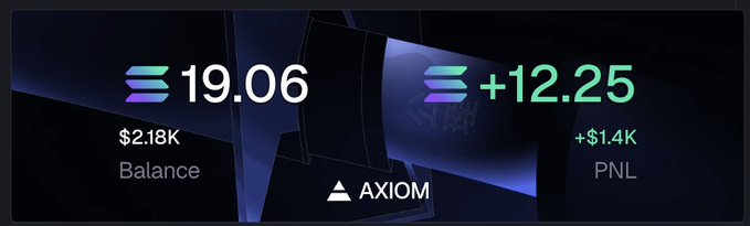 A digital dashboard interface showing cryptocurrency balances with a purple 'S' token at '19.06' (Balance: $2.18K) and a teal 'S' token showing '+12.25' (PNL: +$1.4K), branded with the 'AXIOM' logo.