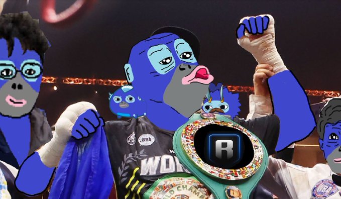 A boxing celebration photo with blue-skinned Pepe-style characters overlaid, showing a boxer holding up a championship belt featuring an 'R' logo.
