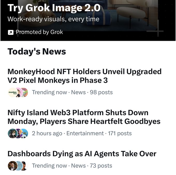 News feed showing headlines: 'MonkeyHood NFT Holders Unveil Upgraded V2 Pixel Monkeys in Phase 3', 'Nifty Island Web3 Platform Shuts Down Monday', and 'Dashboards Dying as AI Agents Take Over', with a Grok Image 2.0 ad at top.