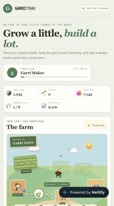 Screenshot of "Garritown," a farming and town-building game where players start with 1,055 coins, 0 cassava, and 7,142 Garri Bags at Farmer Level 5 (Garri Maker, 13/240 XP), featuring a homestead called "The farm" on a sunny day with plots for cassava and a gari house.