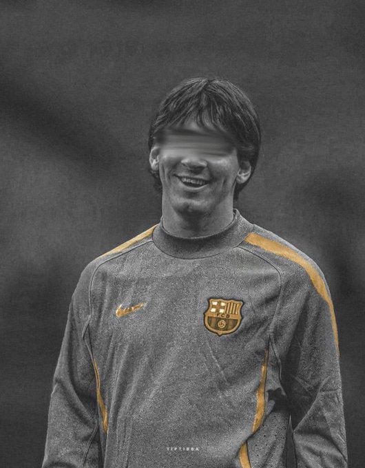 A black-and-white edited photo of a smiling soccer player wearing a Barcelona FC Nike training top, with his eyes blurred out and 'TIPTIBRA' watermark at the bottom.