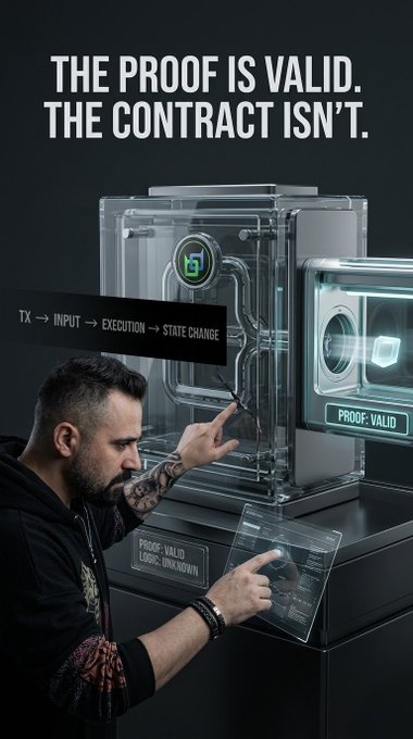 A futuristic tech graphic shows a man interacting with a holographic interface displaying 'THE PROOF IS VALID. THE CONTRACT ISN'T.' along with text 'TX → INPUT → EXECUTION → STATE CHANGE' and 'PROOF VALID'.