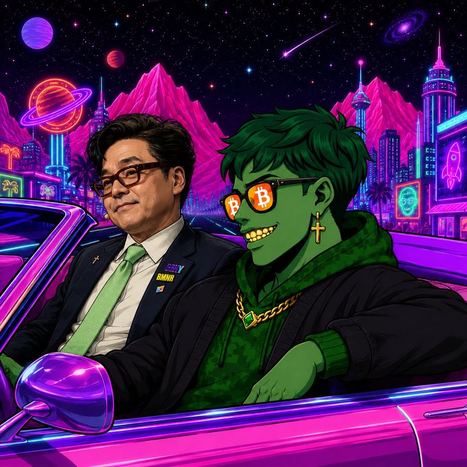 A businessman in a suit and green tie sits alongside a green-skinned, Bitcoin-sunglasses-wearing character in a neon convertible, cruising through a vibrant retro-futuristic cityscape with pink mountains, planets, and glowing skyscrapers. The Bitcoin-themed companion visually reinforces the post's message that Bitmine's real play is conviction in crypto's future rather than simply accumulating ETH.