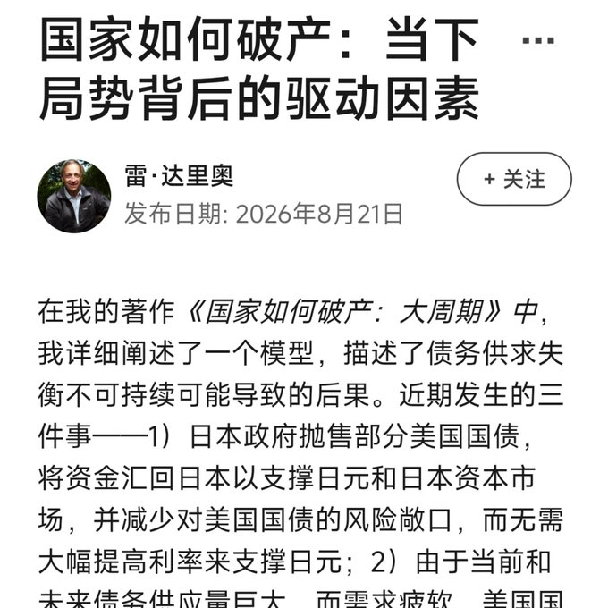 A Chinese article titled '国家如何破产：当下局势背后的驱动因素' by 雷·达里奥 (Ray Dalio), dated August 21, 2026, discussing his book about how nations go bankrupt.