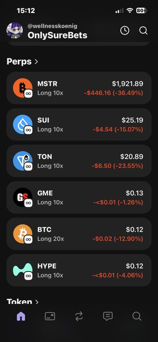 The image shows an iPhone screen with a social media app displaying information about cryptocurrency trading activities, specifically Bitcoin trading and hedge funds. The app offers different options for people interested in cryptocurrency investing or those who want to learn more about this market. A user can easily navigate through the available options by looking at the various symbols on the bottom of the page.