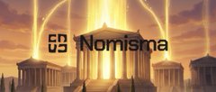 The image features a large, ancient Greek temple with columns and a golden glow coming from its center. The text "CDU US Nomisma" is displayed above the temple, indicating that this is an advertisement for CDU US Nomisma. The temple appears to be in a state of disrepair or abandonment, suggesting that it has been left to decay over time. The image also includes a list of terms and conditions associated with CDU US Nomisma's trading platform, which may include details about the trading activity and how it operates within the shared ledger system.