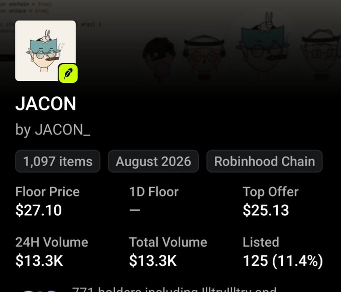 A digital NFT marketplace listing for the JACON collection by JACON_, showing 1,097 items on Robinhood Chain, with a Floor Price of $27.10, Top Offer of $25.13, and 24H Volume of $13.3K.