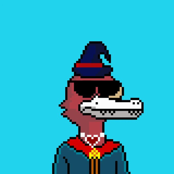 A pixel art NFT-style character depicts a red lizard or crocodile wearing black sunglasses, a pointed wizard hat, and a black robe with a red collar, set against a solid cyan background.