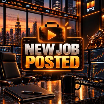 A digital graphic displaying 'NEW JOB POSTED' with a briefcase and play button icon, set against a sunset city skyline with stock tickers like AAPL, MSFT, and GOOG visible on screens.