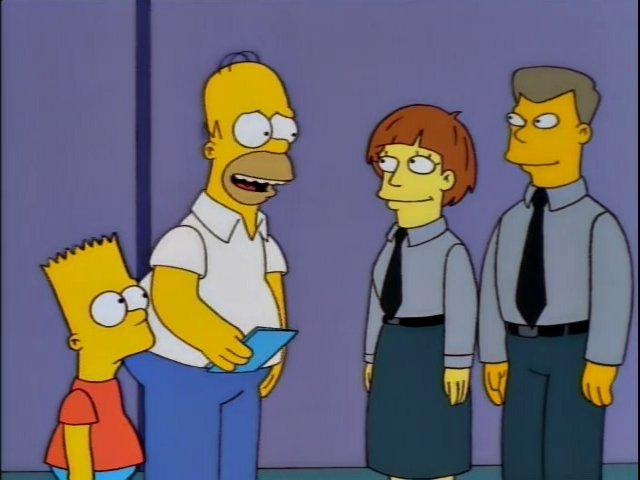 A still from The Simpsons animation showing Homer, Bart, and two other characters (a woman and a man) standing in what appears to be an office or institutional setting.
