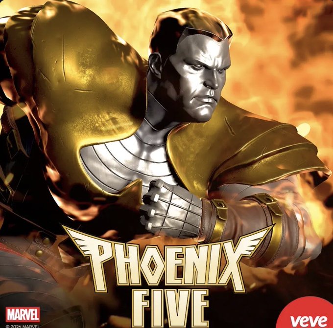 Marvel promotional artwork for "Phoenix Five" featuring a metallic character surrounded by flames, branded with the VeVe logo.
