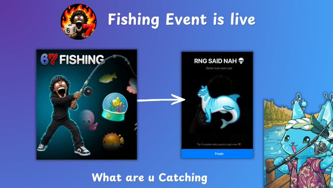 A promotional graphic for a 67 Fishing Event showing an illustrated character fishing and a 'RNG SAID NAH 💀' message, with the text 'Fishing Event is live' and 'What are u Catching'.