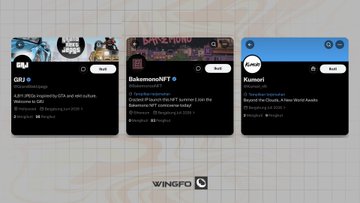 Three X/Twitter NFT project cards displayed side by side on a black background, featuring profiles for "GRJ," "BakemonoNFT," and "Kumori," each showing a "Next" button and project descriptions related to GTA-inspired art, comicverse IP, and fantasy worlds, respectively—matching the accompanying post about the featured NFT collections.