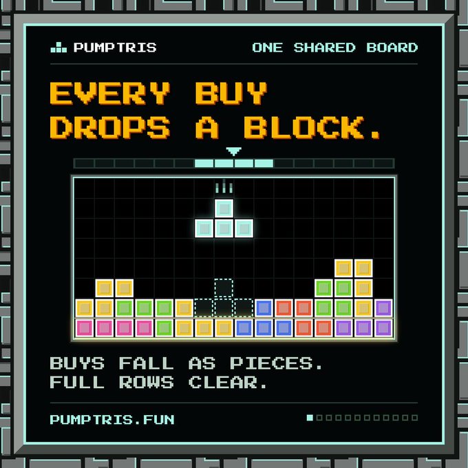 A pixel-art style advertisement for 'PUMPTRIS' at 'PUMPTRIS.FUN' shows a Tetris-like game with the text 'EVERY BUY DROPS A BLOCK.' and 'BUYS FALL AS PIECES. FULL ROWS CLEAR.'