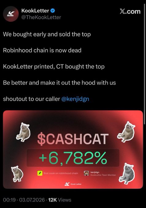 The post in the image mockingly celebrates significant profits against someone questioning selling at the top. It showcases a fictional scenario where a character named KookLetter printed a certain amount while another character, CT, bought at the top, leading to an enormous cash gain. This post humorously underscores the potential of cryptocurrency trading and insider knowledge.