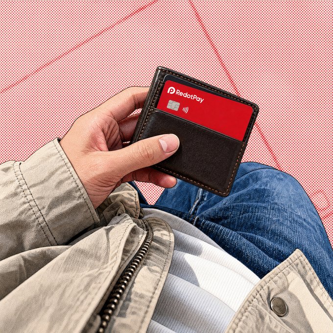 A first-person view shows a hand holding a black wallet containing a red 'RedotPay' contactless payment card, with the person wearing blue jeans and a beige jacket.